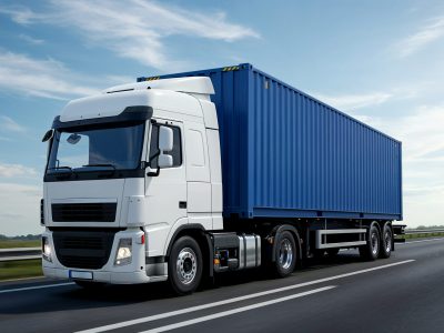 semi camione che trasporta un container blu semi camione che trasporta un container blu